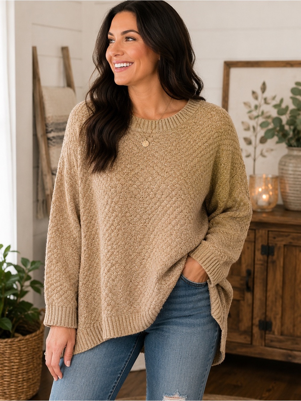 Relaxed Crewneck Sweater in Camel XL